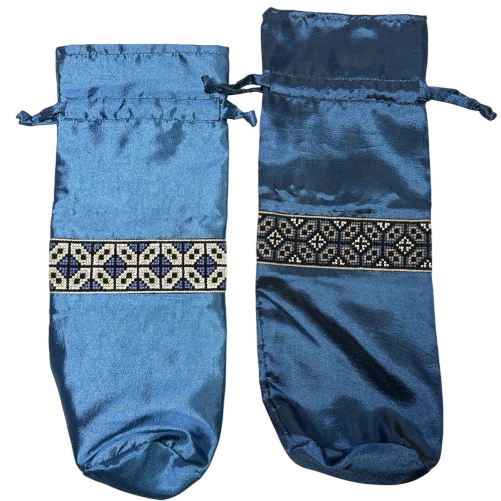 Set of 2‎ Blue Satin Drawstring Bags Embroidered Trim Folk Style Gift Pouches